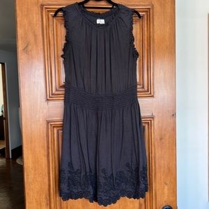Navy Blue sleeveless dress, smocking at waist. Embroidery at hem. Size Medium
